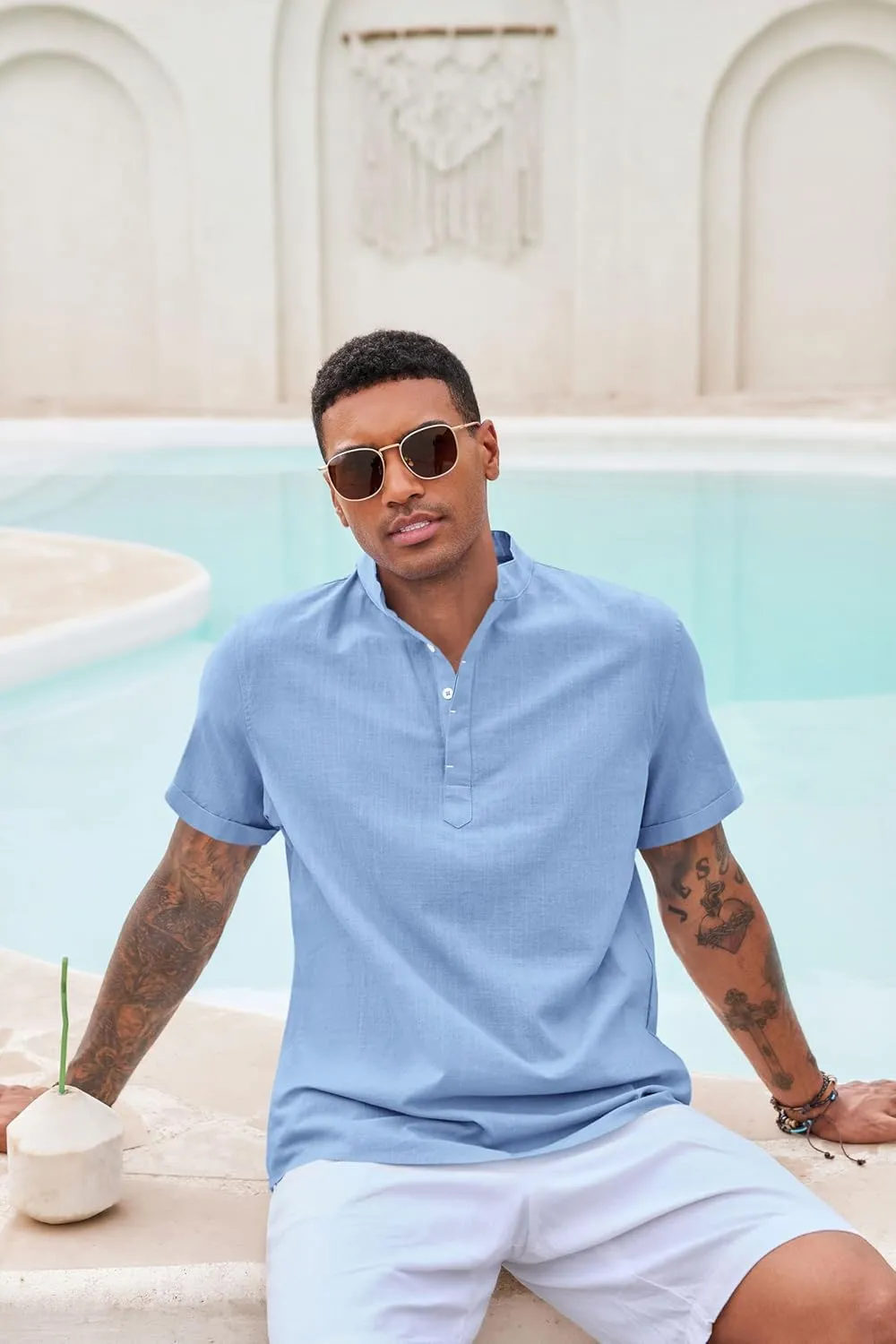 Runcati Mens Cotton Henley T-Shirts Short Sleeve Linen Textured Casual Summer Beach Hippie Shirt Tops