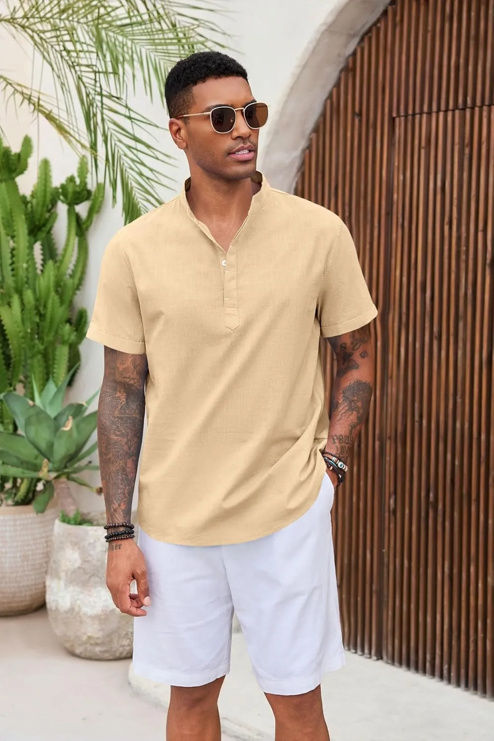 Runcati Mens Cotton Henley T-Shirts Short Sleeve Linen Textured Casual Summer Beach Hippie Shirt Tops