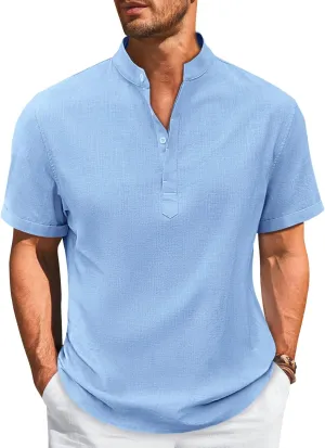 Runcati Mens Cotton Henley T-Shirts Short Sleeve Linen Textured Casual Summer Beach Hippie Shirt Tops
