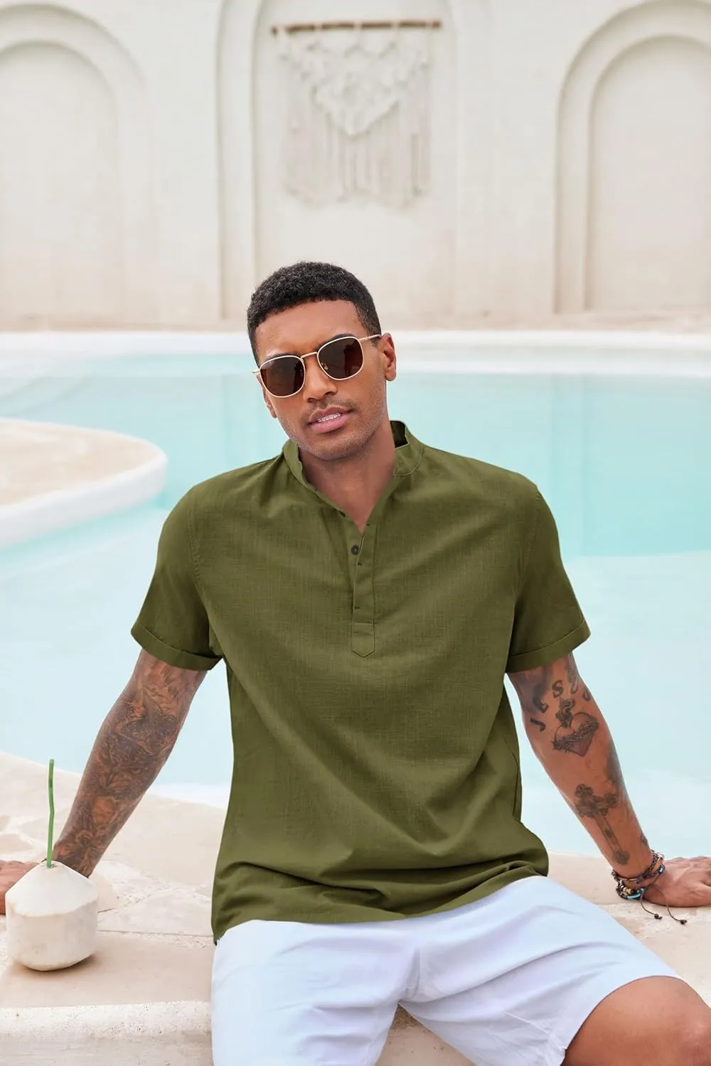 Runcati Mens Cotton Henley T-Shirts Short Sleeve Linen Textured Casual Summer Beach Hippie Shirt Tops