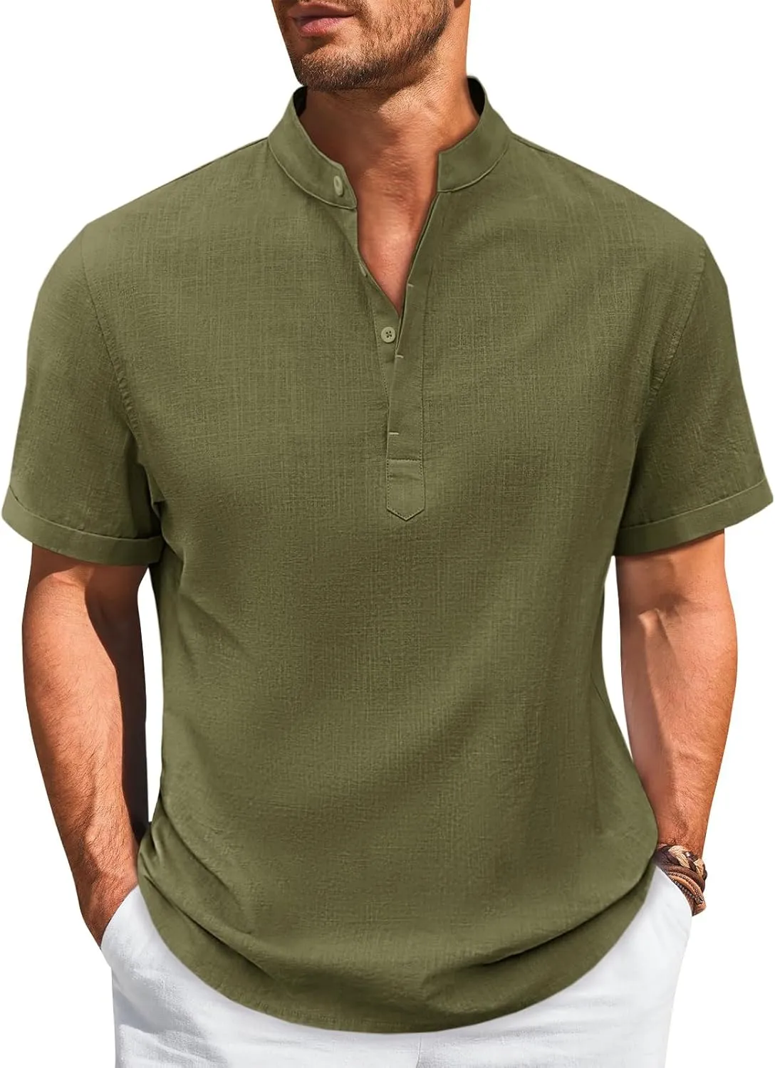 Runcati Mens Cotton Henley T-Shirts Short Sleeve Linen Textured Casual Summer Beach Hippie Shirt Tops