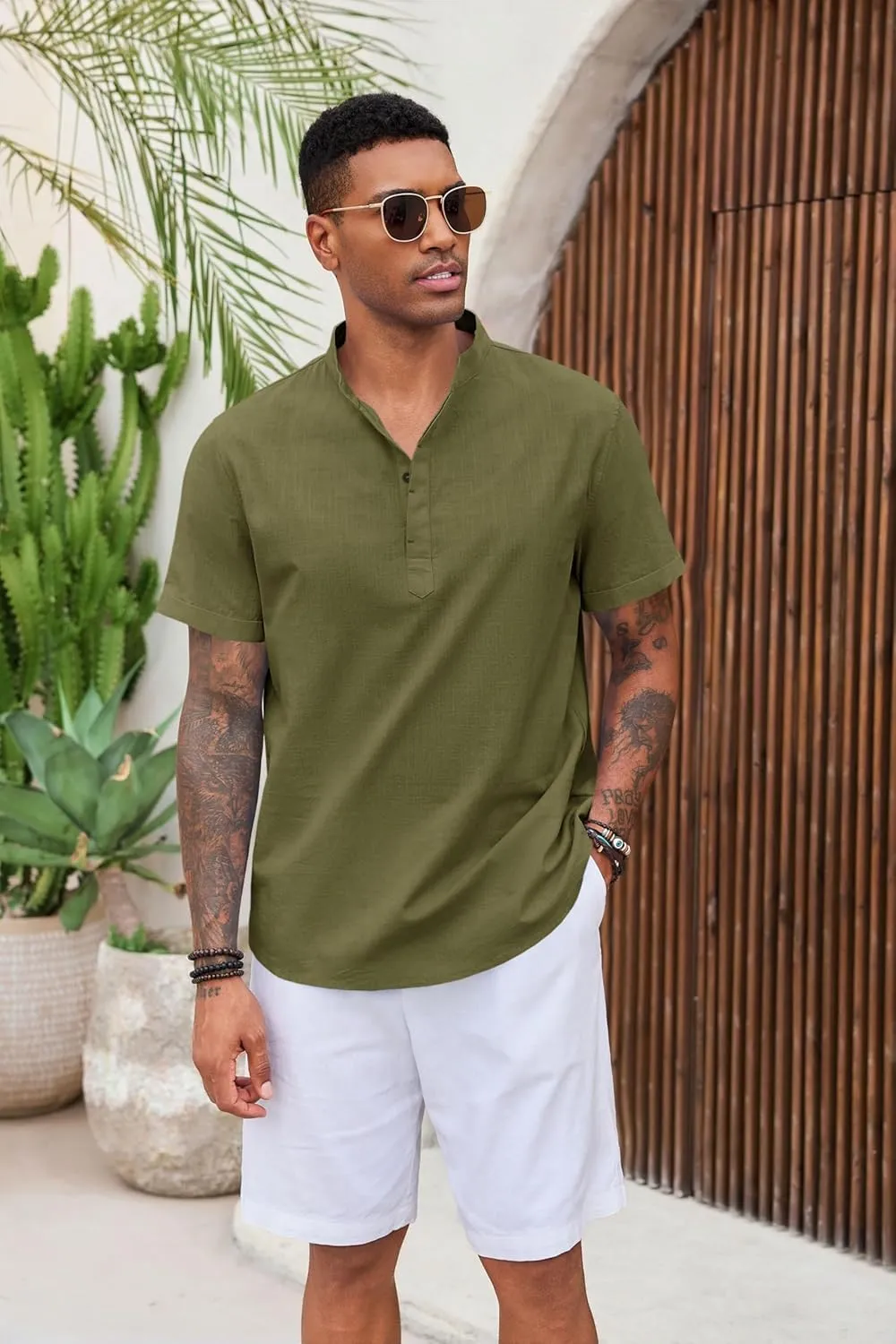 Runcati Mens Cotton Henley T-Shirts Short Sleeve Linen Textured Casual Summer Beach Hippie Shirt Tops