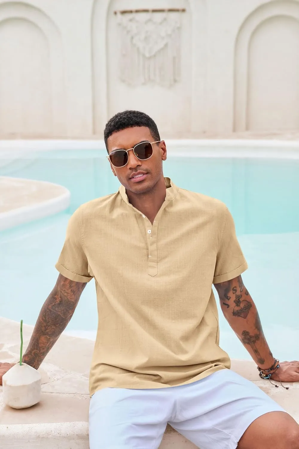 Runcati Mens Cotton Henley T-Shirts Short Sleeve Linen Textured Casual Summer Beach Hippie Shirt Tops