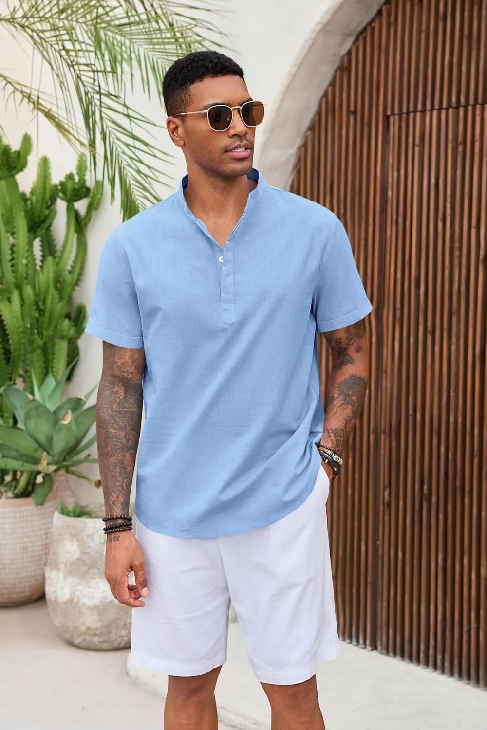 Runcati Mens Cotton Henley T-Shirts Short Sleeve Linen Textured Casual Summer Beach Hippie Shirt Tops