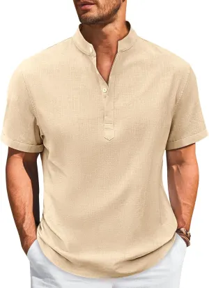 Runcati Mens Cotton Henley T-Shirts Short Sleeve Linen Textured Casual Summer Beach Hippie Shirt Tops