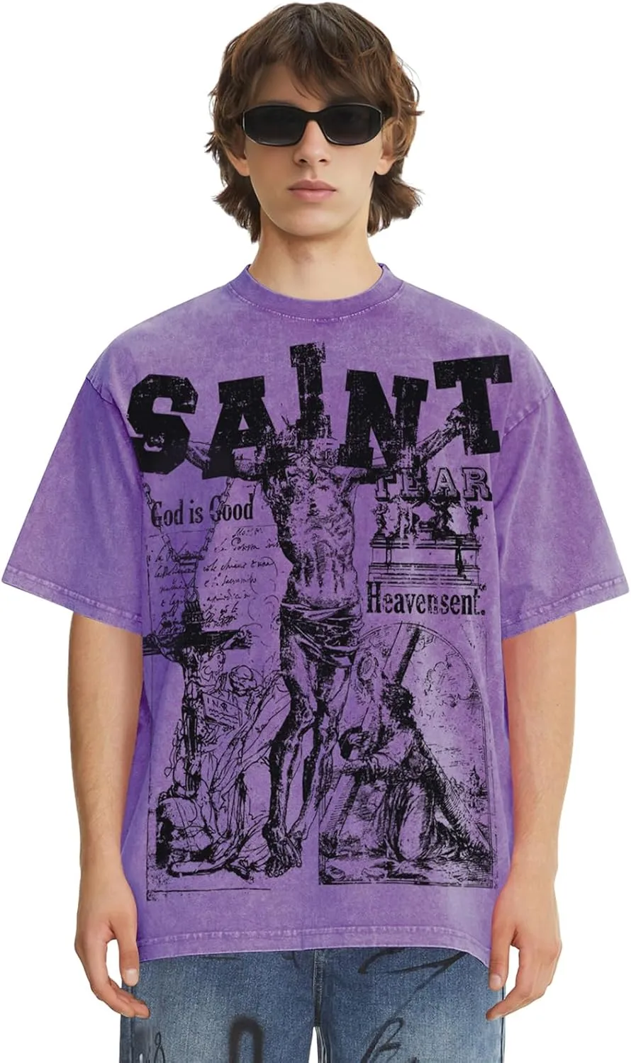 Saint Letter HD Pattern Washed Cotton Printed Short Sleeve Oversized Unisex Summer Crewneck T-Shirt