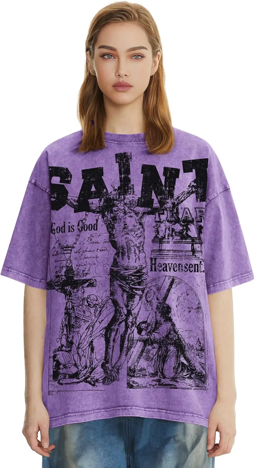 Saint Letter HD Pattern Washed Cotton Printed Short Sleeve Oversized Unisex Summer Crewneck T-Shirt