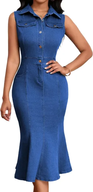 SeNight Women's Denim Dress Sexy V Neck Bodycon Mini Dresses