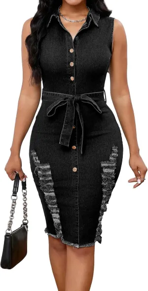 SeNight Women's Denim Dress Sexy V Neck Bodycon Mini Dresses