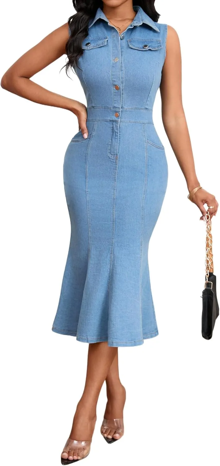 SeNight Women's Denim Dress Sexy V Neck Bodycon Mini Dresses