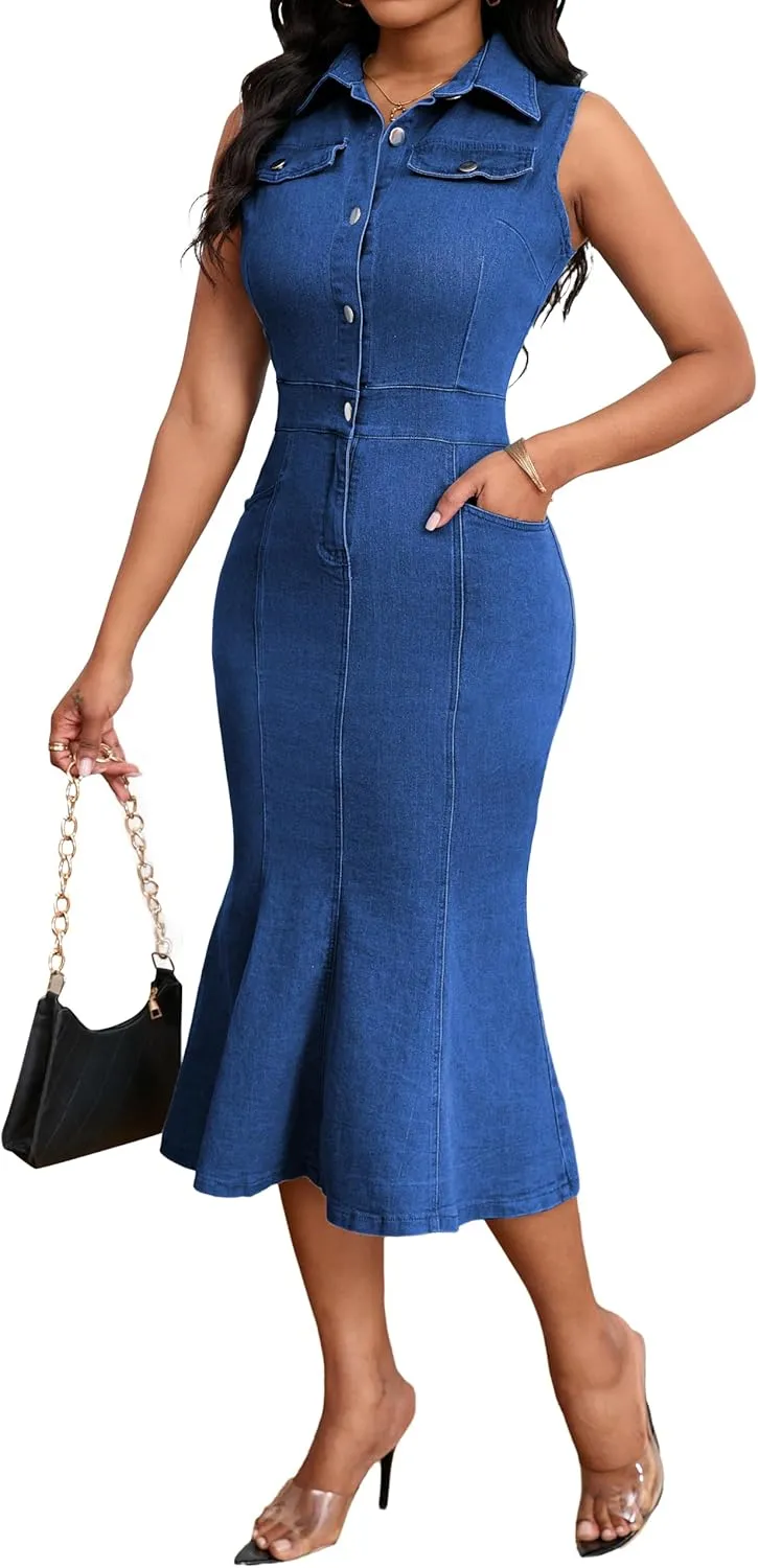 SeNight Women's Denim Dress Sexy V Neck Bodycon Mini Dresses