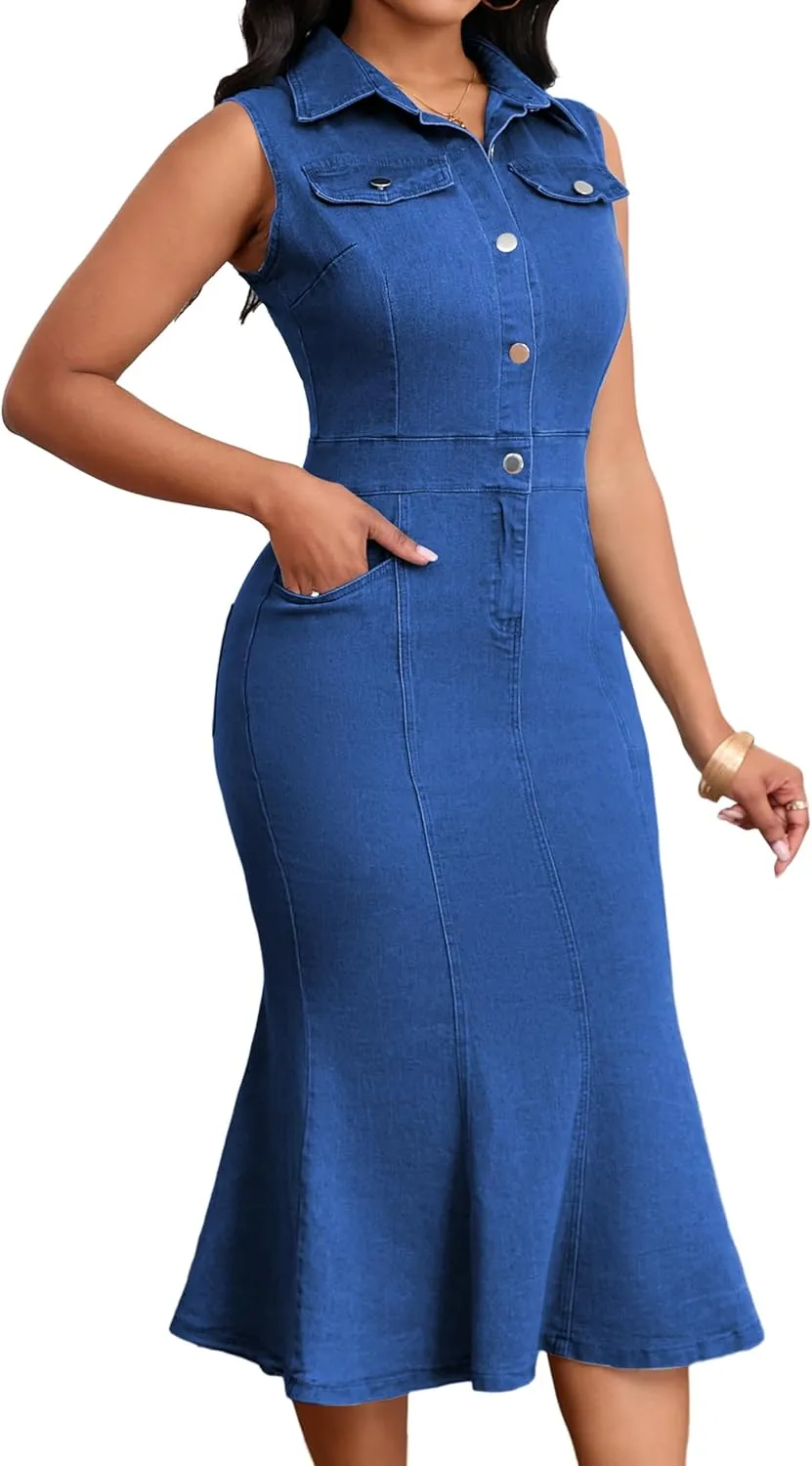 SeNight Women's Denim Dress Sexy V Neck Bodycon Mini Dresses