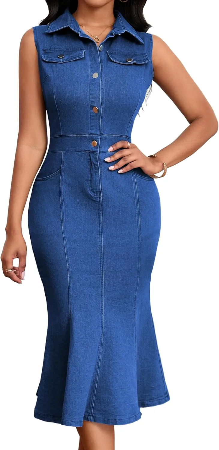 SeNight Women's Denim Dress Sexy V Neck Bodycon Mini Dresses