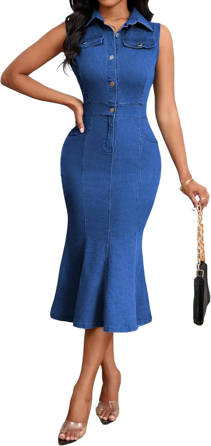 SeNight Women's Denim Dress Sexy V Neck Bodycon Mini Dresses