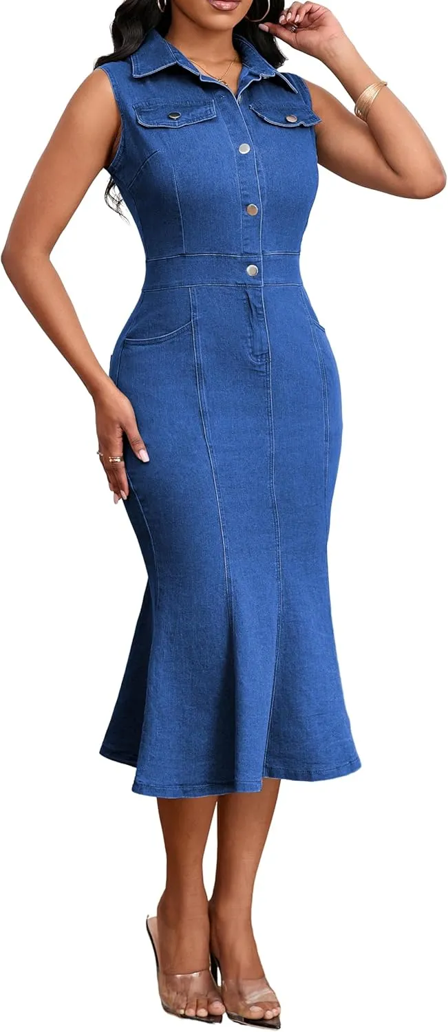 SeNight Women's Denim Dress Sexy V Neck Bodycon Mini Dresses