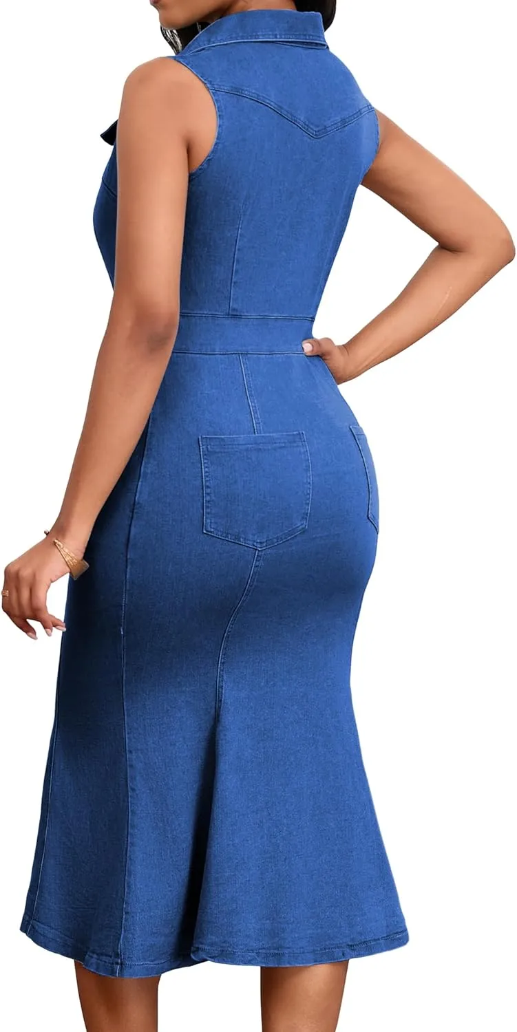 SeNight Women's Denim Dress Sexy V Neck Bodycon Mini Dresses