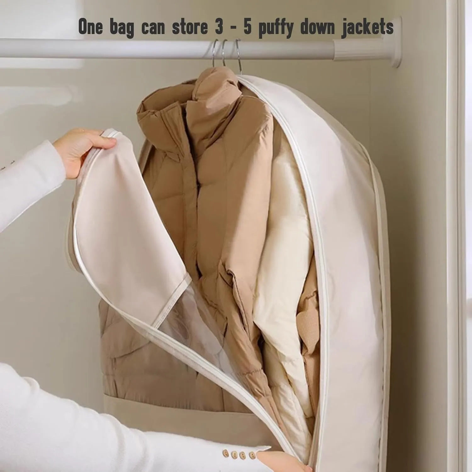 Space Saving Hanging Garment Bag, Down Jacket Protector, Space Saving Hanging Garment Bag with Self Compression Zipper, Winter Coat Storage for Home, Clothes, Down Jackets & Bedding (Grey, M)