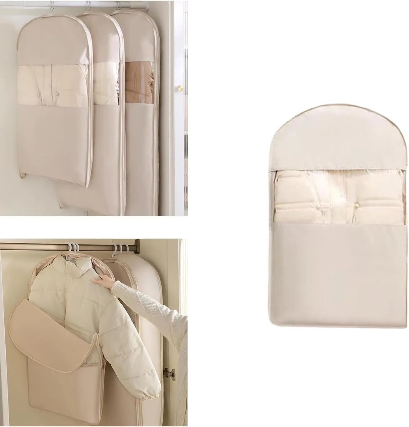Space Saving Hanging Garment Bag, Down Jacket Protector, Space Saving Hanging Garment Bag with Self Compression Zipper, Winter Coat Storage for Home, Clothes, Down Jackets & Bedding (Grey, M)