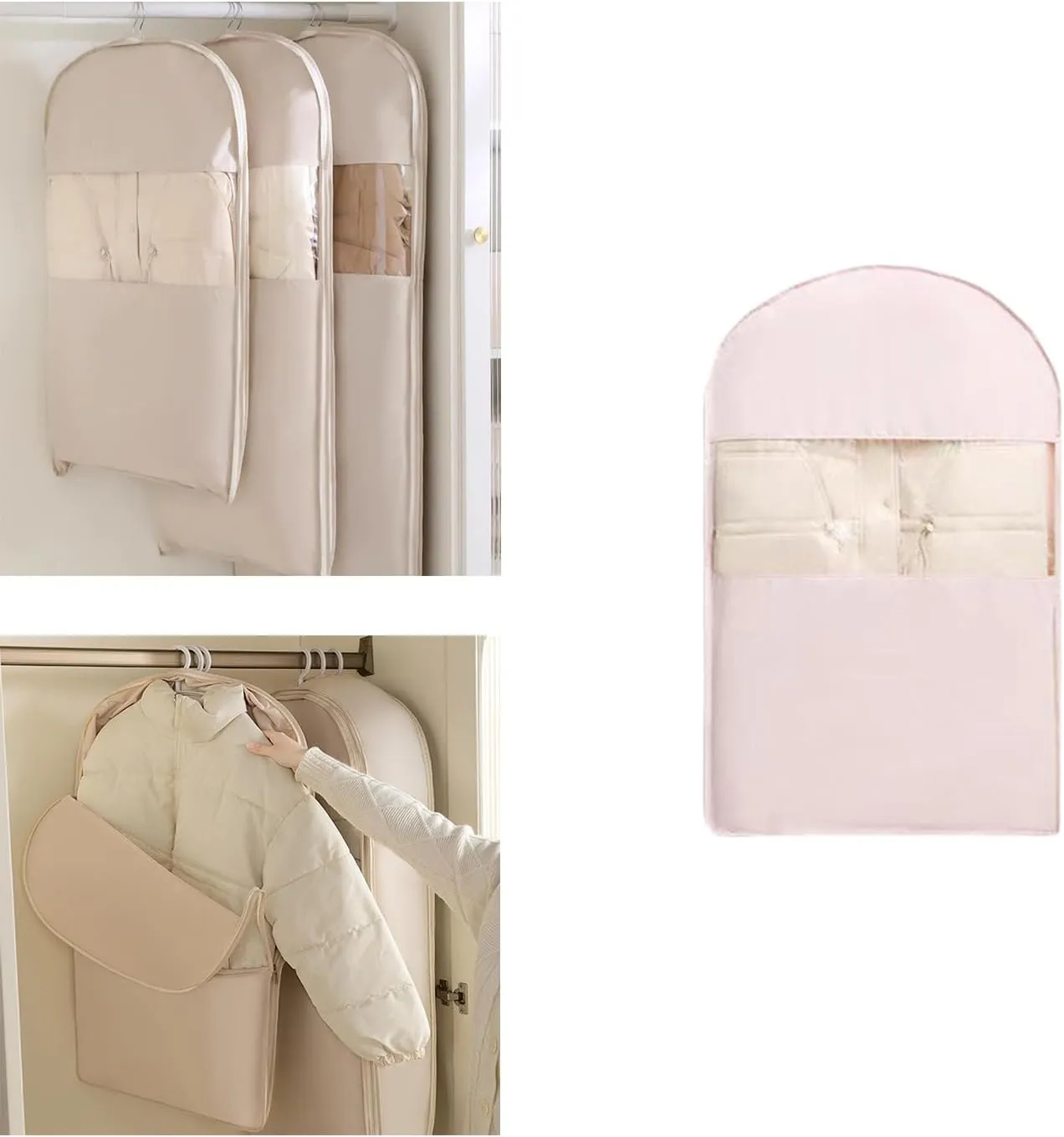 Space Saving Hanging Garment Bag, Down Jacket Protector, Space Saving Hanging Garment Bag with Self Compression Zipper, Winter Coat Storage for Home, Clothes, Down Jackets & Bedding (Pink, S)