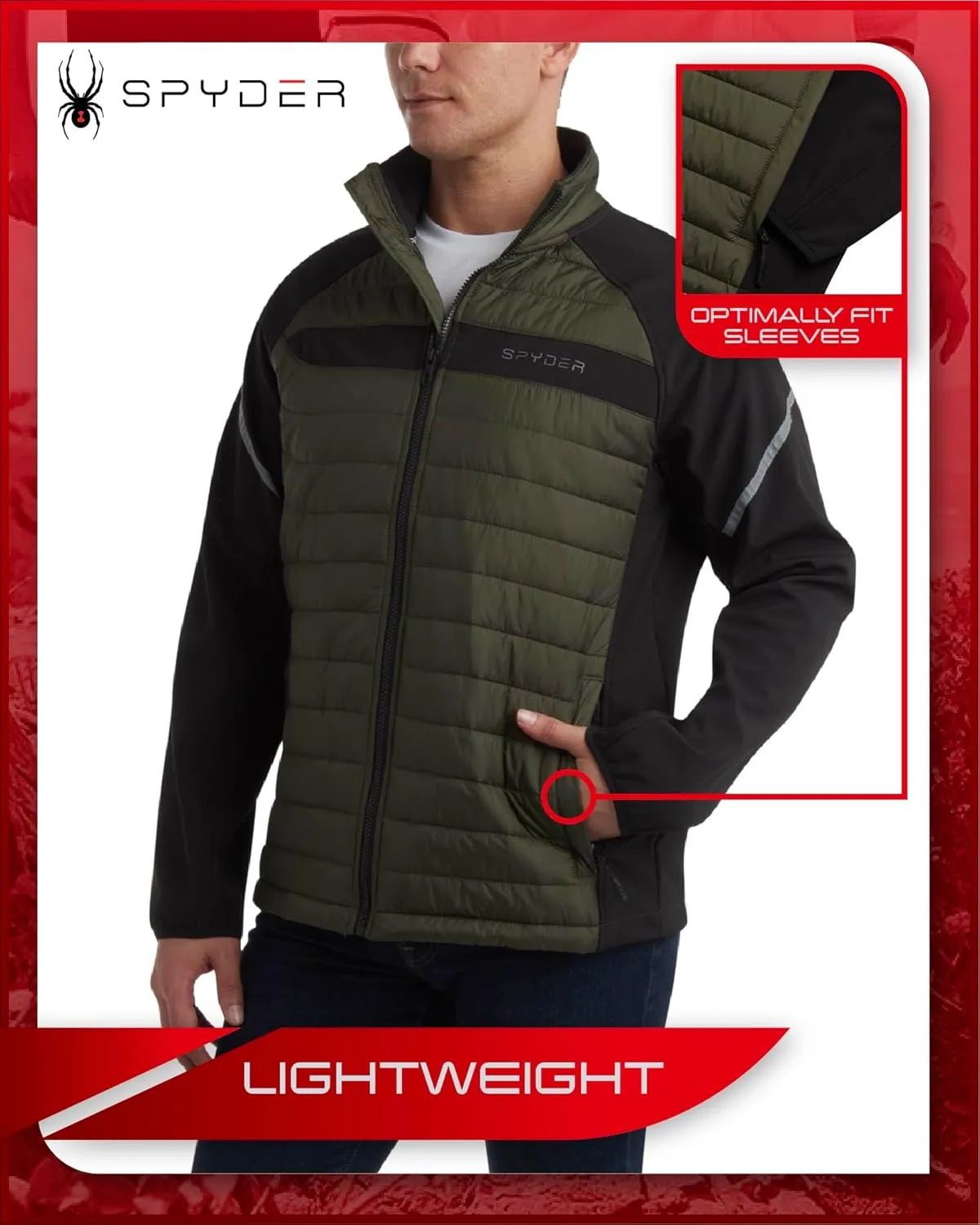 Spyder Men's Active 2fer Jacket - Midweight Insulated Quilted Puffer Bubble Windbreaker with Softshell Sleeves (Sizes: S-XL)