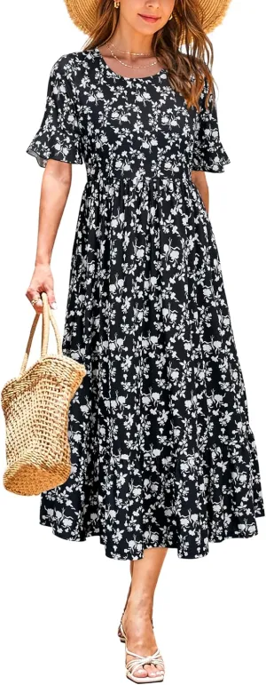 STYLEWORD Women's Summer 2025 Casual Short Sleeve Tiered Flowy Spring Dress Long Midi Beach Sundress Vacation Outfits