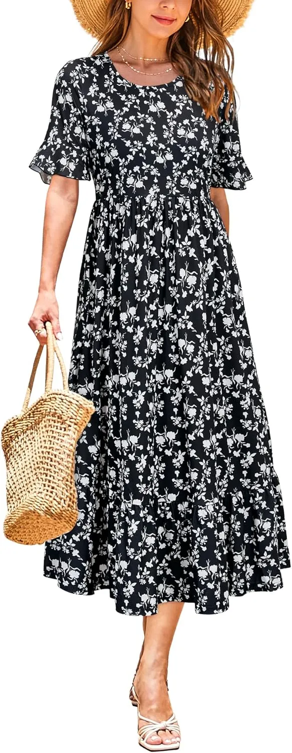 STYLEWORD Women's Summer 2025 Casual Short Sleeve Tiered Flowy Spring Dress Long Midi Beach Sundress Vacation Outfits