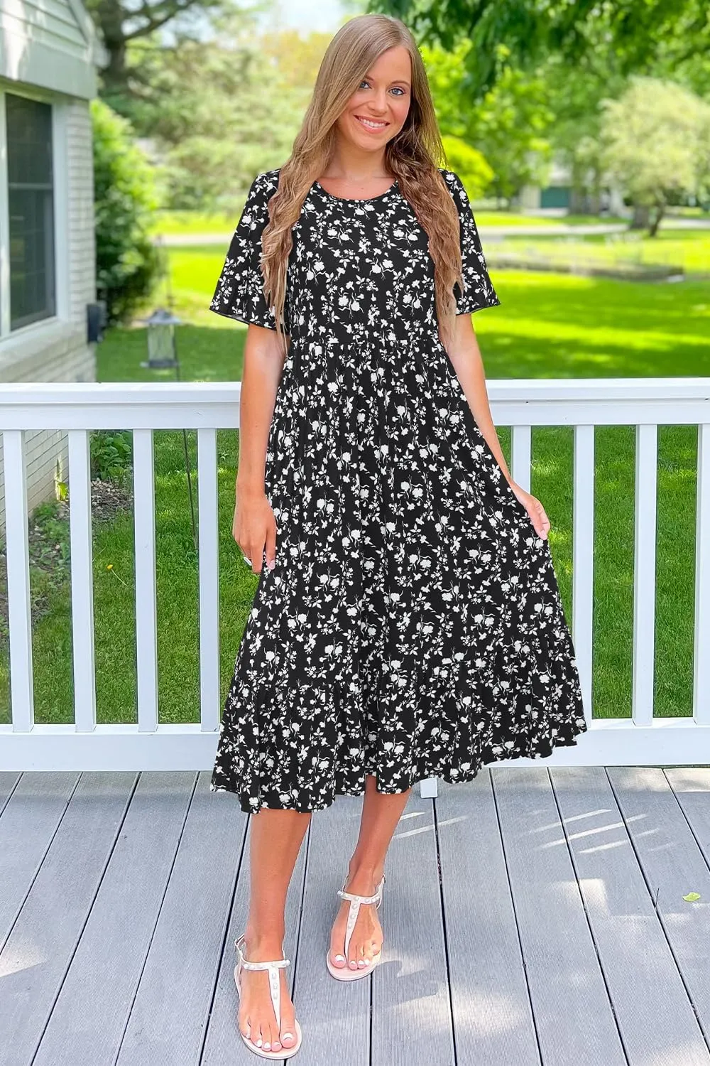 STYLEWORD Women's Summer 2025 Casual Short Sleeve Tiered Flowy Spring Dress Long Midi Beach Sundress Vacation Outfits