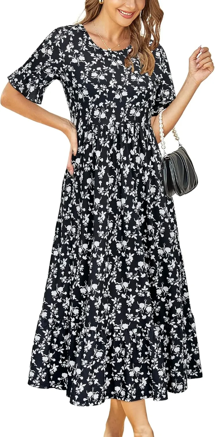 STYLEWORD Women's Summer 2025 Casual Short Sleeve Tiered Flowy Spring Dress Long Midi Beach Sundress Vacation Outfits