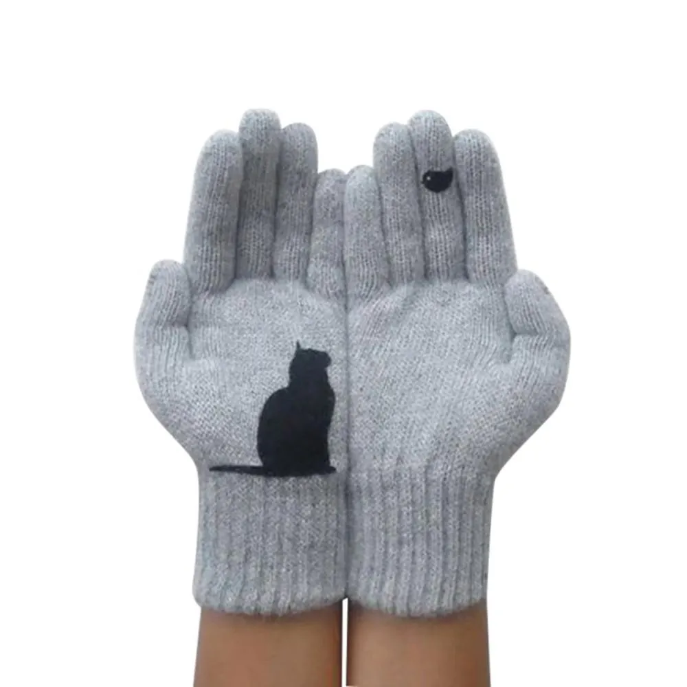 Stylish Cat and Bird Printed Knitted Cashmere Winter Gloves