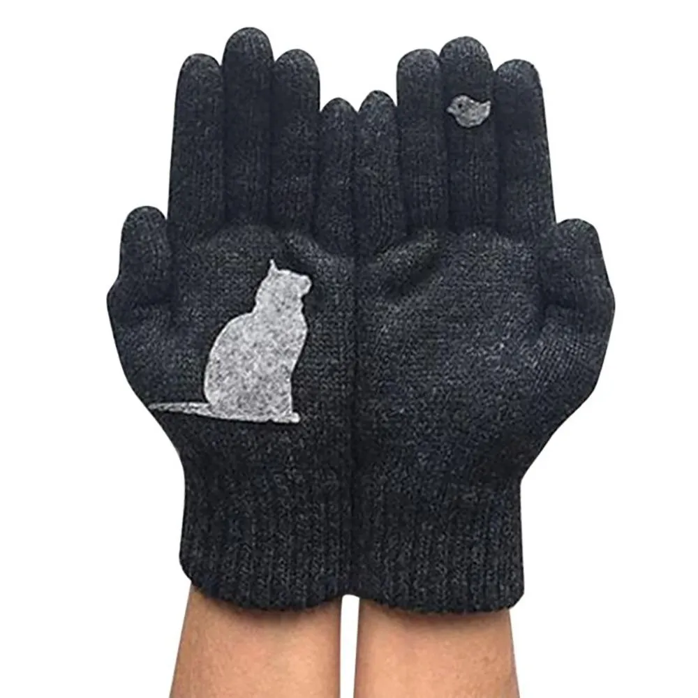 Stylish Cat and Bird Printed Knitted Cashmere Winter Gloves