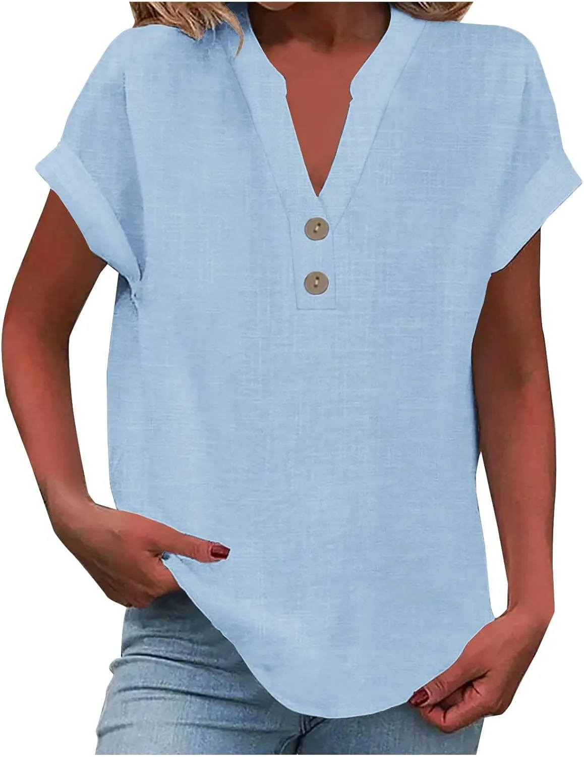 Summer Tops for Women 2025 Trendy Short Sleeve Cotton Linen Shirt Casual Button v Neck Tunic Blouses Outfits