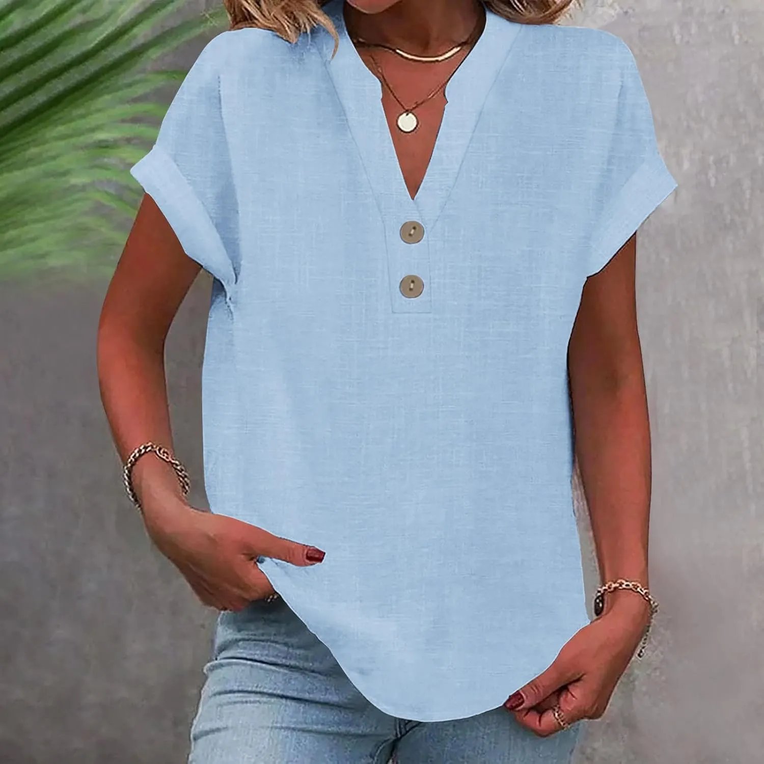 Summer Tops for Women 2025 Trendy Short Sleeve Cotton Linen Shirt Casual Button v Neck Tunic Blouses Outfits