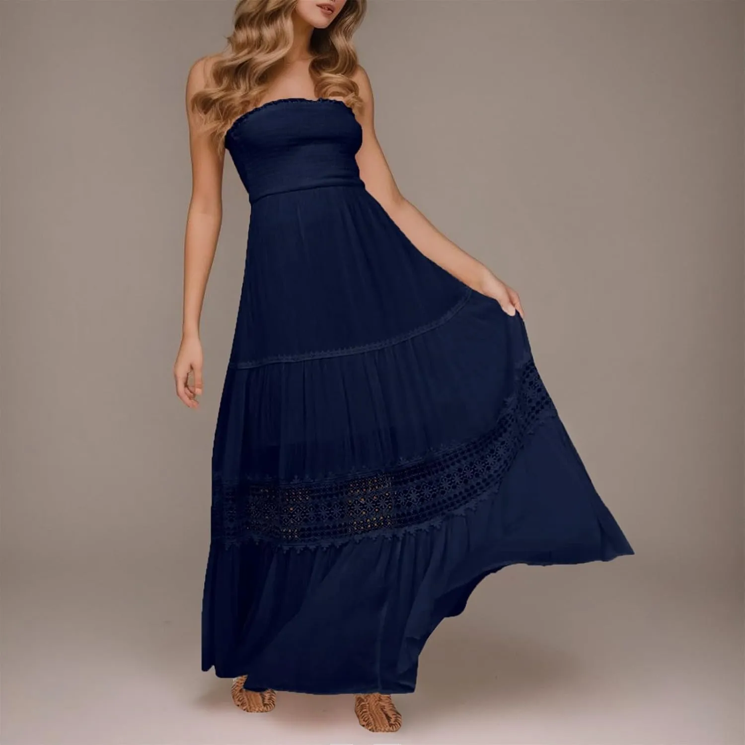 Sundresses For Women 2025 Vacation Sexy Women Summer Boho Strapless Maxi Dress Casual Sleeveless Off Shoulder Dresses