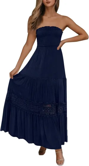 Sundresses For Women 2025 Vacation Sexy Women Summer Boho Strapless Maxi Dress Casual Sleeveless Off Shoulder Dresses