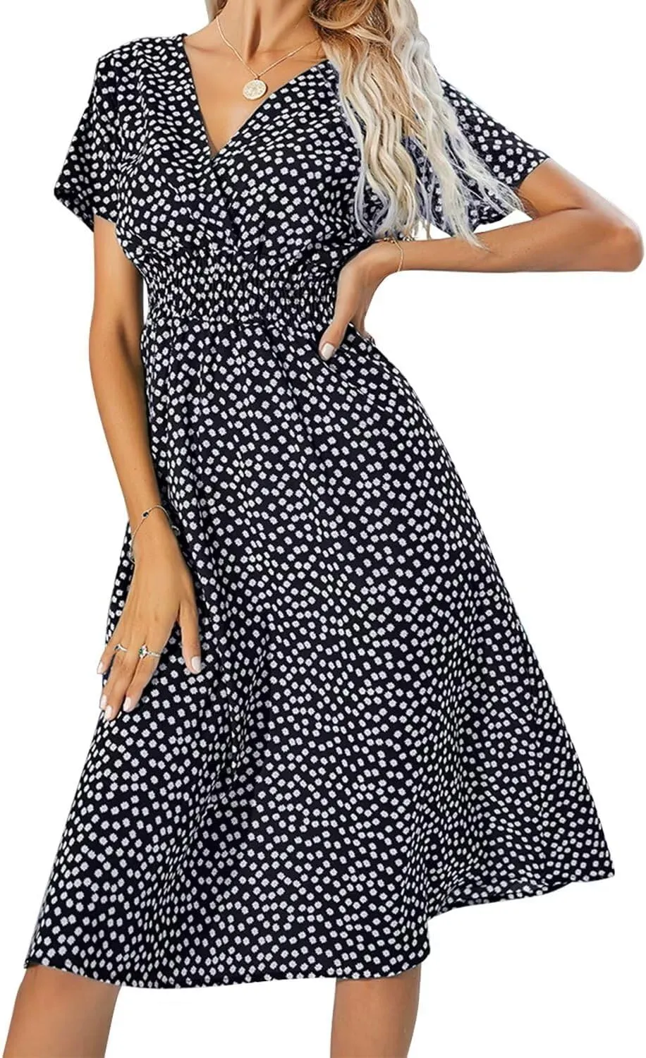 Superband Womens Summer Short Sleeve Casual Dresses V Neck Floral Vacation Sundress Faux Wrap Midi Dress