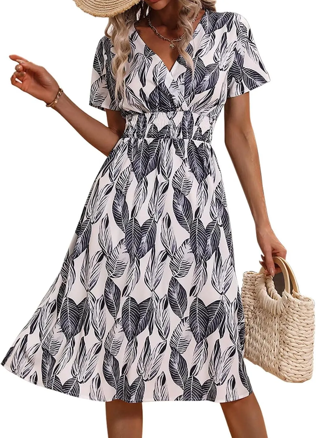 Superband Womens Summer Short Sleeve Casual Dresses V Neck Floral Vacation Sundress Faux Wrap Midi Dress