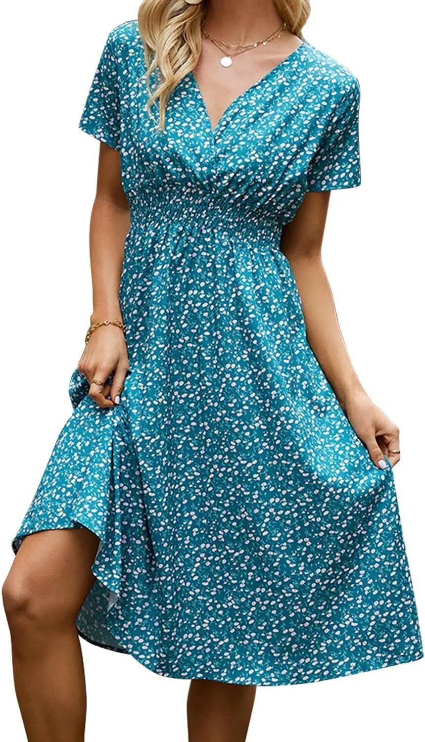 Superband Womens Summer Short Sleeve Casual Dresses V Neck Floral Vacation Sundress Faux Wrap Midi Dress
