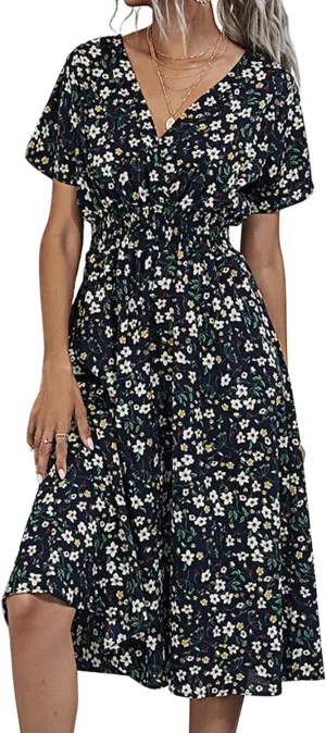 Superband Womens Summer Short Sleeve Casual Dresses V Neck Floral Vacation Sundress Faux Wrap Midi Dress