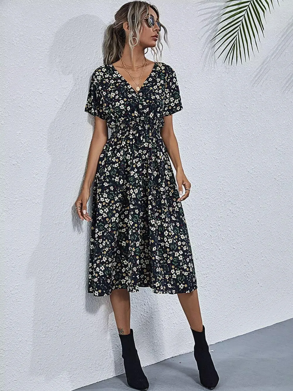Superband Womens Summer Short Sleeve Casual Dresses V Neck Floral Vacation Sundress Faux Wrap Midi Dress