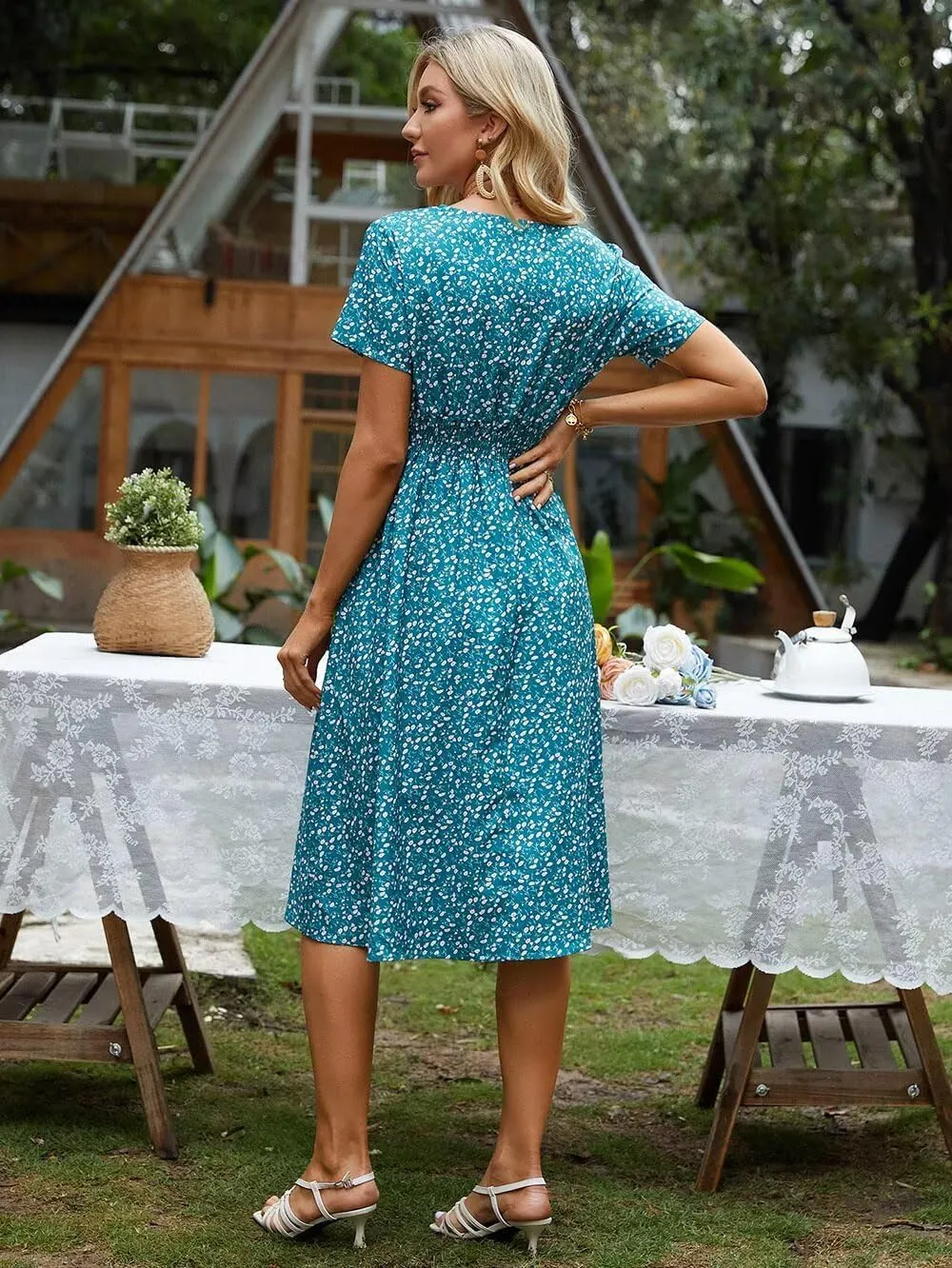 Superband Womens Summer Short Sleeve Casual Dresses V Neck Floral Vacation Sundress Faux Wrap Midi Dress