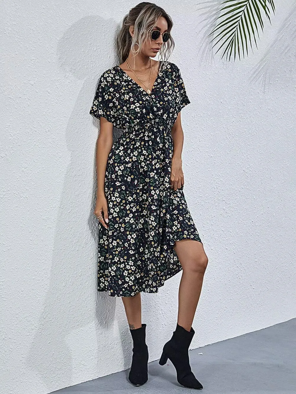 Superband Womens Summer Short Sleeve Casual Dresses V Neck Floral Vacation Sundress Faux Wrap Midi Dress