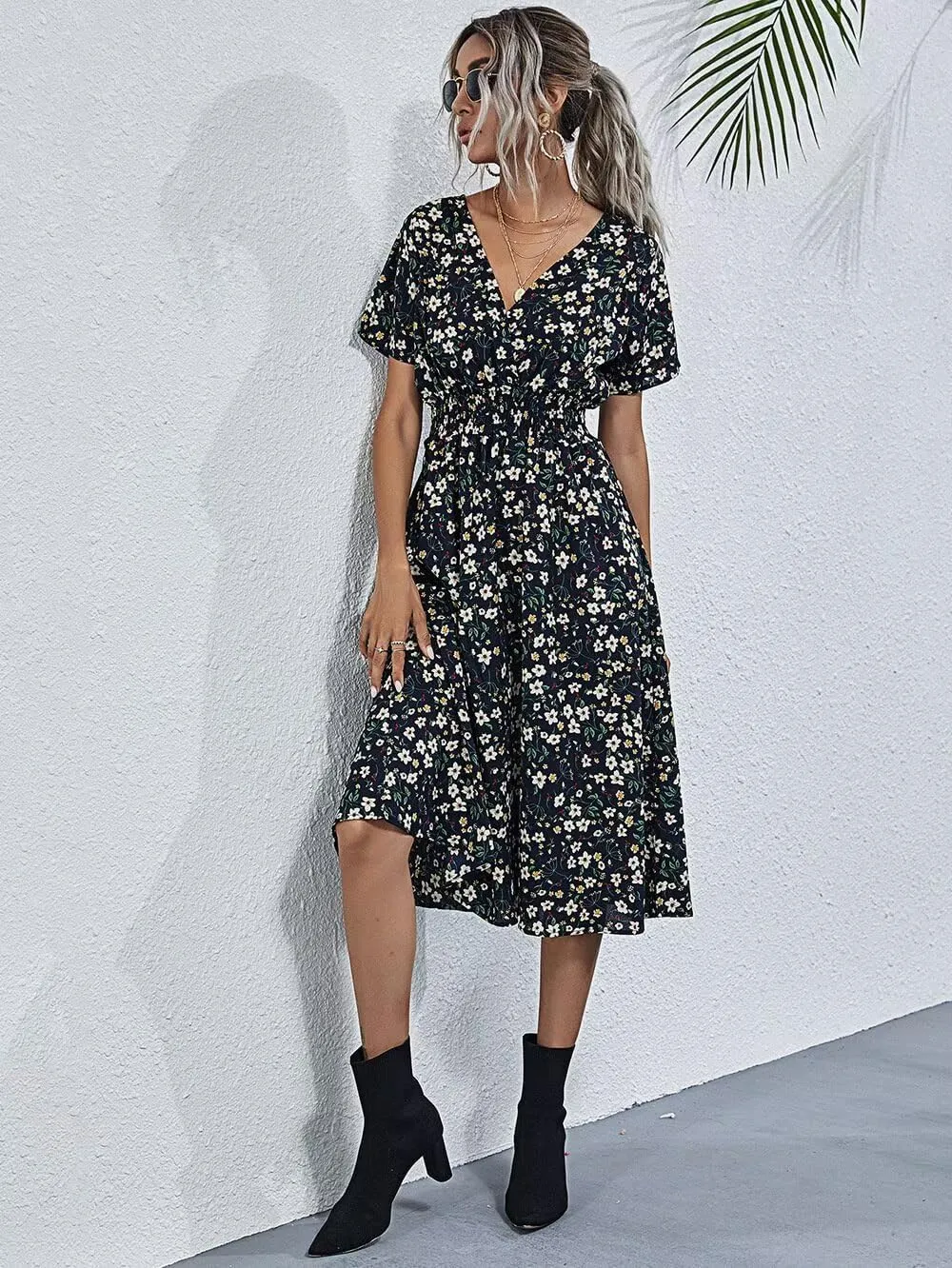 Superband Womens Summer Short Sleeve Casual Dresses V Neck Floral Vacation Sundress Faux Wrap Midi Dress