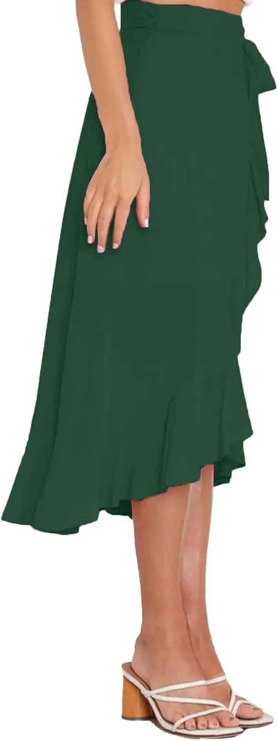 Umenlele Women's Casual Tie waist Asymmetric Swing Ruffle Wrap Hem Flowy Mid Skirt