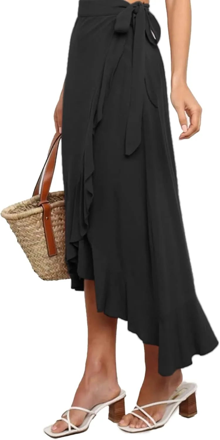 Umenlele Women's Casual Tie waist Asymmetric Swing Ruffle Wrap Hem Flowy Mid Skirt