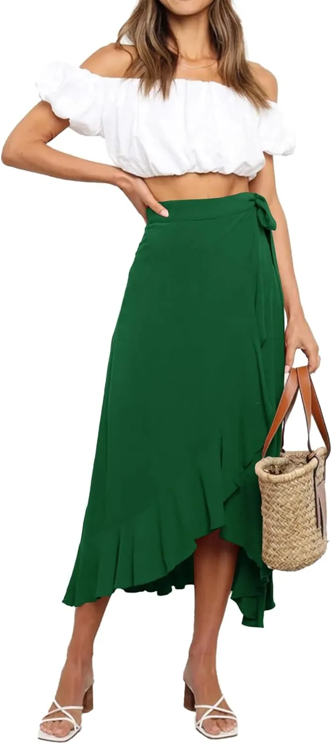 Umenlele Women's Casual Tie waist Asymmetric Swing Ruffle Wrap Hem Flowy Mid Skirt