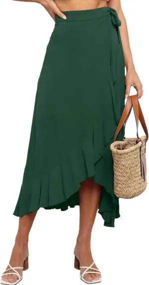 Umenlele Women's Casual Tie waist Asymmetric Swing Ruffle Wrap Hem Flowy Mid Skirt