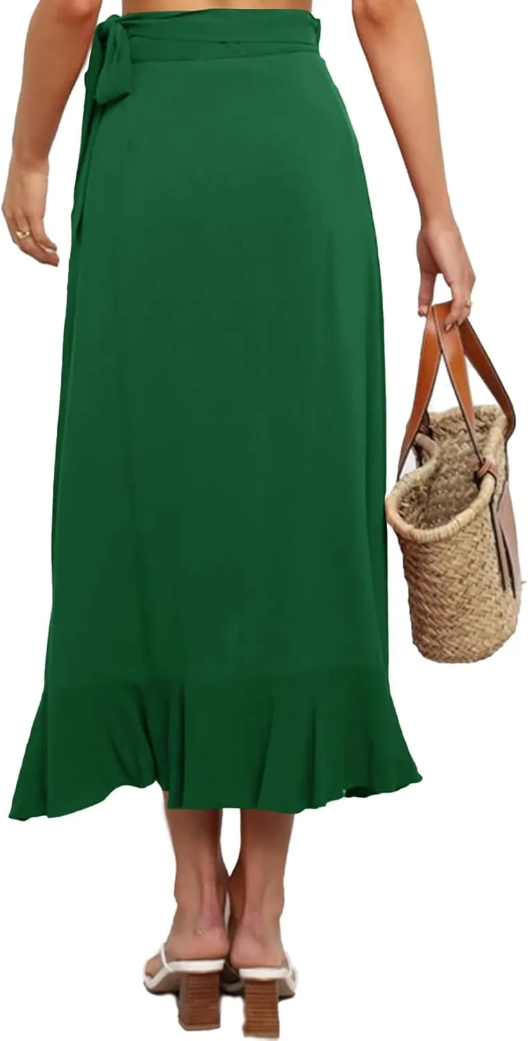 Umenlele Women's Casual Tie waist Asymmetric Swing Ruffle Wrap Hem Flowy Mid Skirt