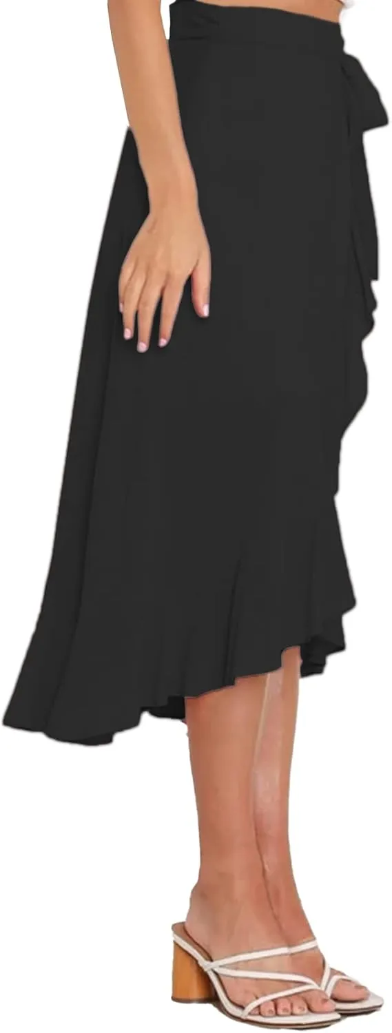Umenlele Women's Casual Tie waist Asymmetric Swing Ruffle Wrap Hem Flowy Mid Skirt