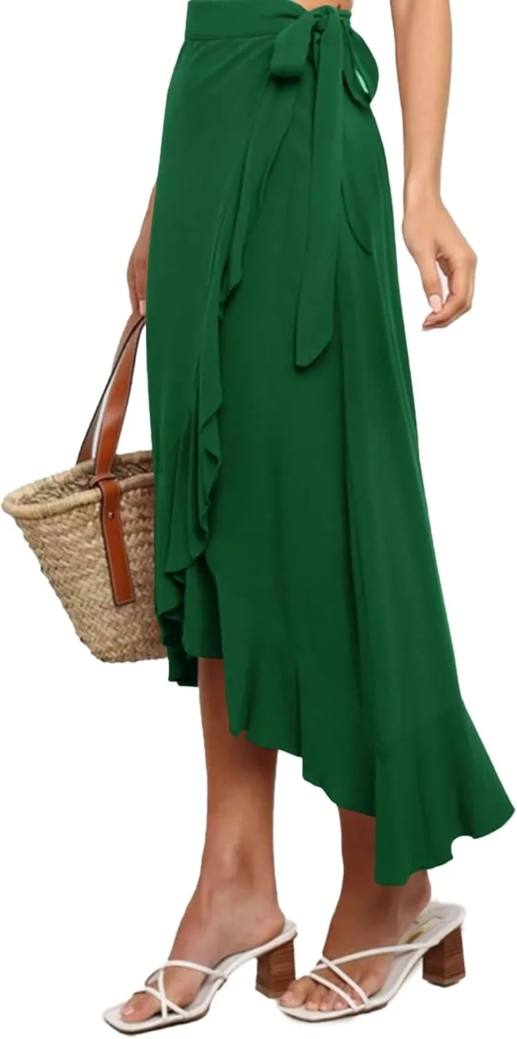 Umenlele Women's Casual Tie waist Asymmetric Swing Ruffle Wrap Hem Flowy Mid Skirt