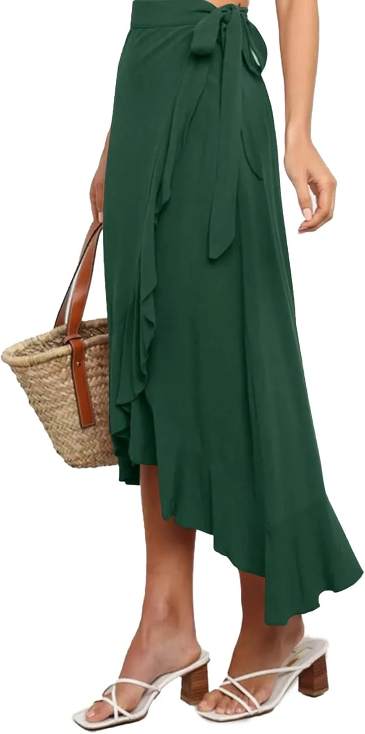 Umenlele Women's Casual Tie waist Asymmetric Swing Ruffle Wrap Hem Flowy Mid Skirt